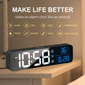 LED音楽デジタル目覚まし時計調光可能なスヌーズ目覚まし時計温度日付表示スマート壁掛け時計家の寝室のデスクトップの装飾