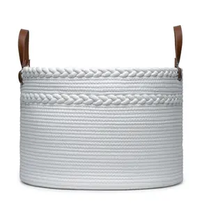 White Braid Durable Cotton Rope Storage Basket with Dividers Leather Handle