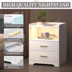1 Piece sạc gỗ đêm đứng tủ quần áo Set Trắng ngăn kéo cạnh giường ngủ chất lượng 2 ngăn kéo bàn đầu giường với đèn LED và ổ cắm - Product Image 2