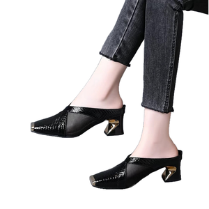 Sandales d'été pour femmes à talons hauts, bout carré, ouvertes, anti-chocs, en cuir verni brillant de style britannique, respirantes et en maille - Product Image 2