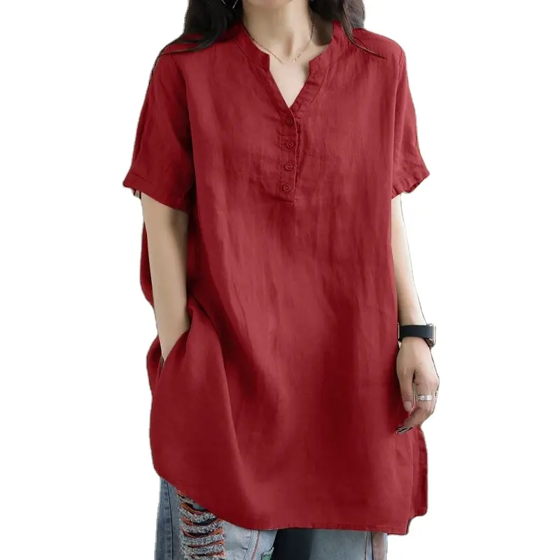 Blus kebesaran wanita, atasan longgar kasual mode tunik Solid kemeja kerja V-Neck lengan pendek warna Solid musim panas