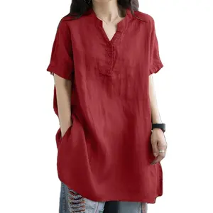 Blusa de gran tamaño de verano para mujer, Tops holgados informales, camisa de trabajo de túnica sólida a la moda, camisa de manga corta con cuello en V para mujer, camisa de Color sólido