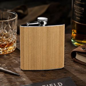 Custom Logo 6Oz Stainless Steel Hip Wood Grain <b>Wrap</b> Whiskey Bottle Portable Metal Pocket Liquor Flask for Business Gift - Product Image 2