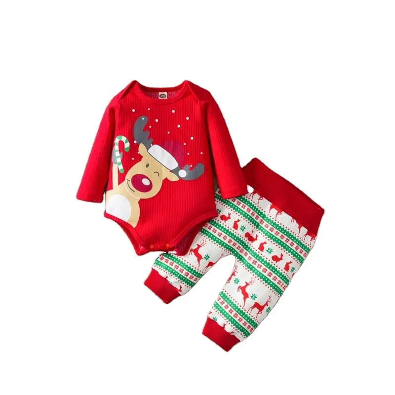 En stock ensemble de 3 pièces boutique pour bébé côtelé cerf de Noël bébé fille garçons barboteuses, pantalons et chapeaux ensemble de vêtements d'hiver