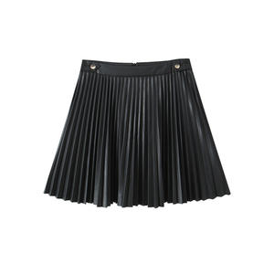 Jupe midi plissée taille haute en similicuir Runqi noire grande taille pour femme, couleur unie, micro-élasticité, design boutonné - Product Image 1