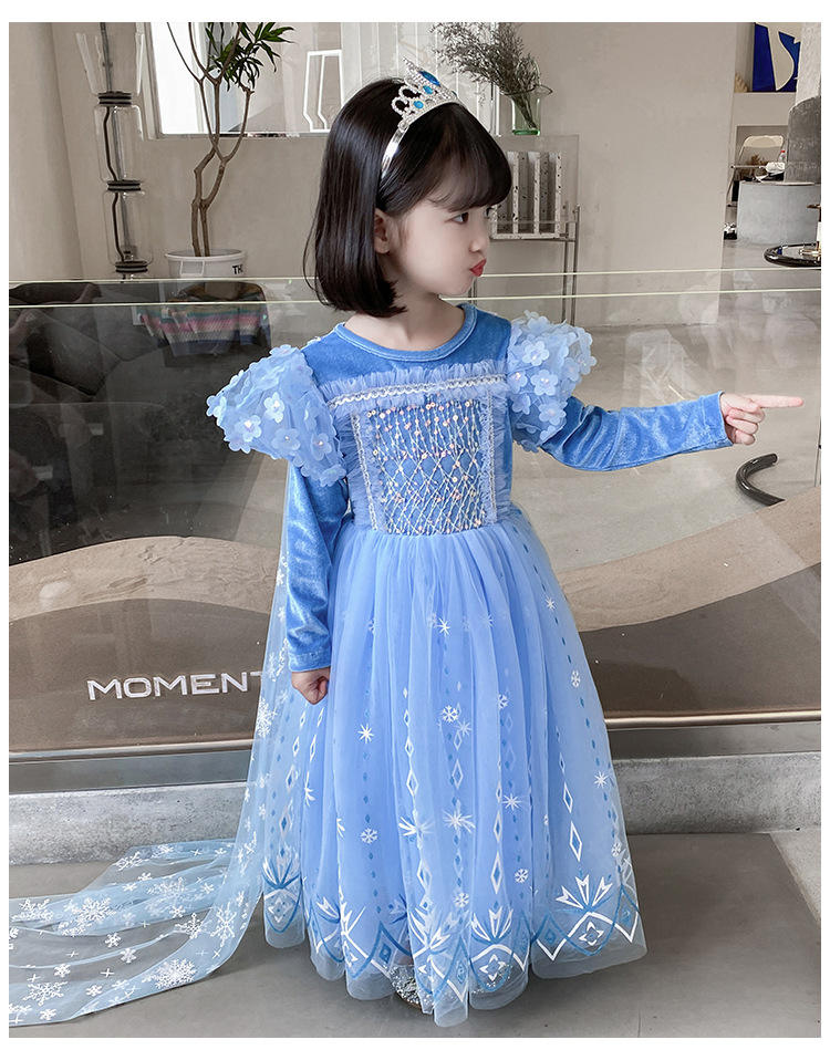 Transparent Beautiful Encanto Flower Snowflake Blue Halloween Costume Cloak Layer Princess Dress