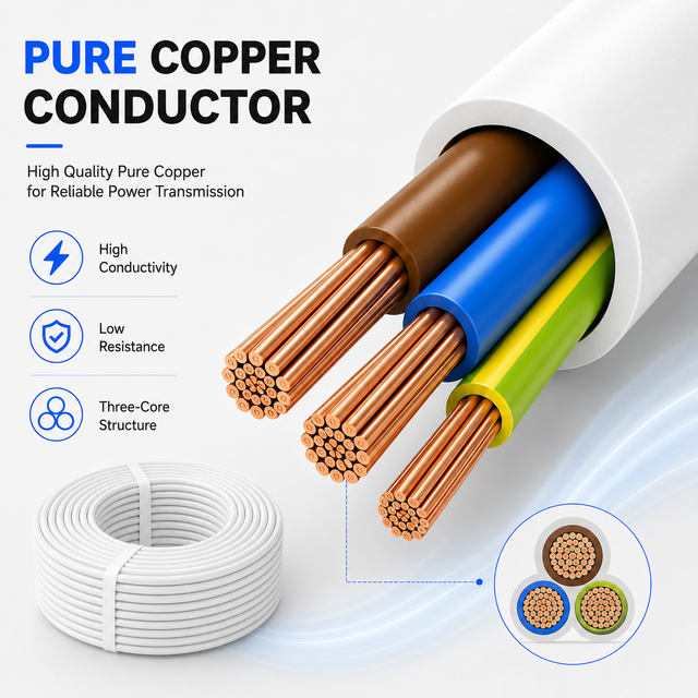 Flexible 3 Core RVV Power Cable Oxygen Free Copper Electric Wire White PVC Jacket for Power Supply Extension Lighting