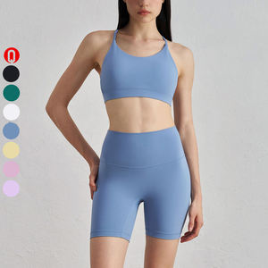 Ensemble short et soutien-gorge de yoga pour femmes, été, uni, taille haute, sans couture avant, dos ouvert sexy, respirant, séchage rapide, deux pièces - Product Image 1