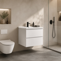 Meuble-lavabo moderne compact en contreplaqué résistant à l'eau pour hôtels, avec vasques en céramique pour salles de bain