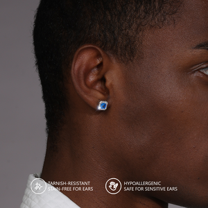 Boucles d'oreilles clous carrées en zircon bleu, argent 925 plaqué or blanc, classiques unisexes, résistantes au ternissement, étanches, boucles d'oreilles saphir - Product Image 6