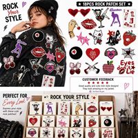 Lot de patchs brodés Y2K Indie à thermocoller ou à coudre, motifs mignons Cœur, Étoile, Lèvres, Cerise, Chat, Guitare, Fraise