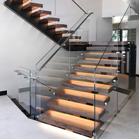 Kit d'escalier flottant en bois massif avec éclairage LED et garde-corps en verre trempé