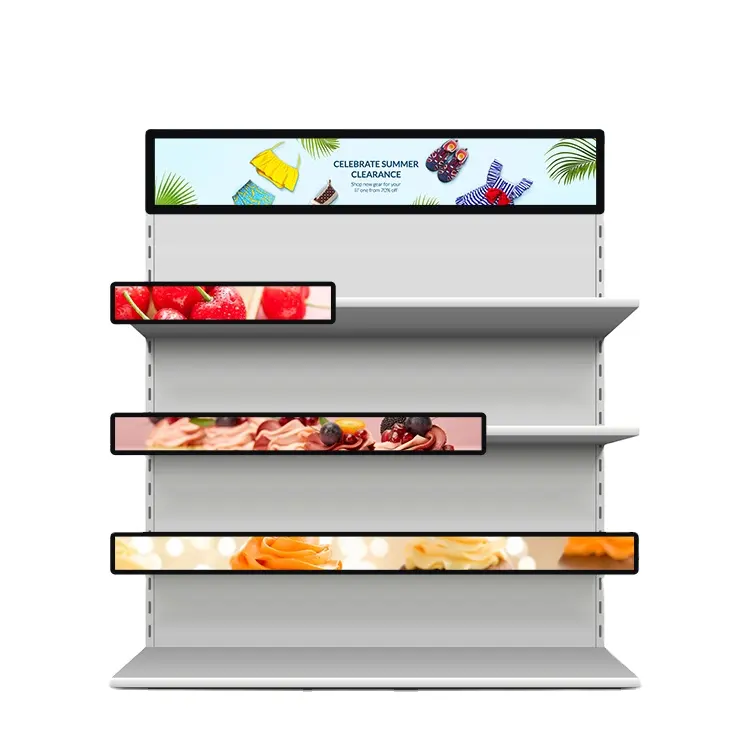 OEM स्ट्रेच्ड बार एलसीडी डिस्प्ले डिजिटल 4K मॉनिटर स्ट्रेच्ड स्क्रीन छोटा एलसीडी 19.5 24 इंच शेल्फ विज्ञापन स्क्रीन