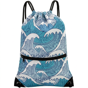 Hemistyles HM-COLORFUL Blue Nylon Drawstring <b>Backpack</b> 30-<b>40L</b> Lightweight Front Zipper Pocket <b>Travel</b> Outdoor - Product Image 1
