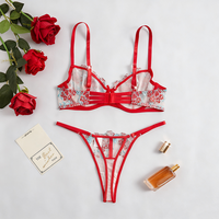 US Warehouse Nouvelle Lingerie Érotique pour Femmes Dentelle Mince Ensemble 2 Pièces Séduisante Soutien-Gorge à Armatures Rouge Sexy Innocent-Séduisant