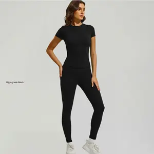 Kadın yüksek bel çabuk kuruyan sıkıştırma Yoga seti çalışan 2 parçalı katı desen tasarımı için nefes spor sıkı - Product Image 6