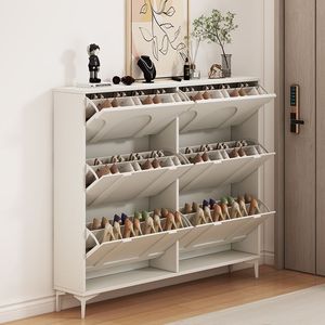 Cream Colored Ultra Thin Flip Shoe Cabinet Wall Mounted Entryway Large Capacity Shoe Rack Space Saving Design - Product Image 3