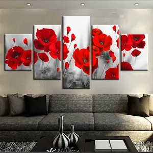 Gambar Kanvas Dicetak Seni Dinding Ruang Tamu 5 Buah Lukisan Poppies Romantis Dekorasi Rumah Modular Poster Bunga Merah