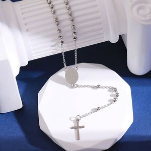 Collar de Rosario al por Mayor con Colgante de Cruz con Patrón Católico de Jesús, Cuentas de Acero Inoxidable de 6 mm - Product Image 1