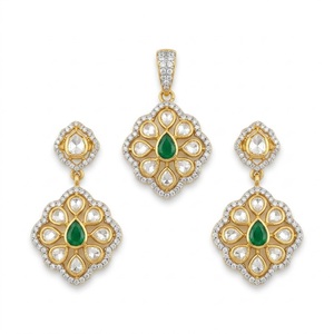 925 Silver <b>Emerald</b> Kundan Polki <b>Pendant</b> Set with Earrings Gold Designer Diamond Cut Wedding Jewelry For Women - Product Image 1