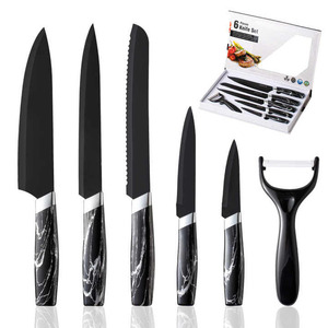 Ensemble de couteaux de chef professionnel <span class=keywords><strong>6</strong></span> pièces poignée en PP noir lames en acier inoxydable couteaux à viande tranchants cuisson marbrure revêtement antiadhésif - Product Image 1