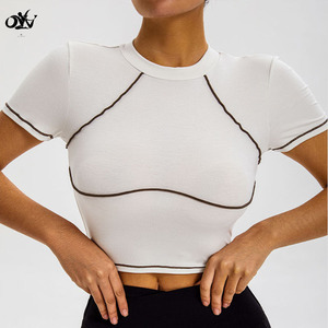 T-shirt da donna slim fit con cuciture <span class=keywords><strong>a</strong></span> contrasto, taglio corto, abbigliamento sportivo all'ingrosso, t-shirt da donna <span class=keywords><strong>a</strong></span> manica corta - Product Image 2