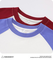 Kaos Raglan Lengan Panjang Pria 235G Katun Murni Warna-Blok Unisex Gaya Amerika Fit Longgar Patchwork
