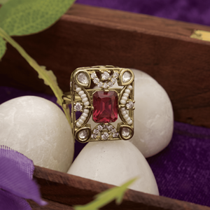 Traditional Antique Gold Plated Square Kundan Pearl <b>Ring</b> With <b>Ruby</b> Red Gemstone <b>For</b> <b>Women</b> Jewellery - Product Image 1