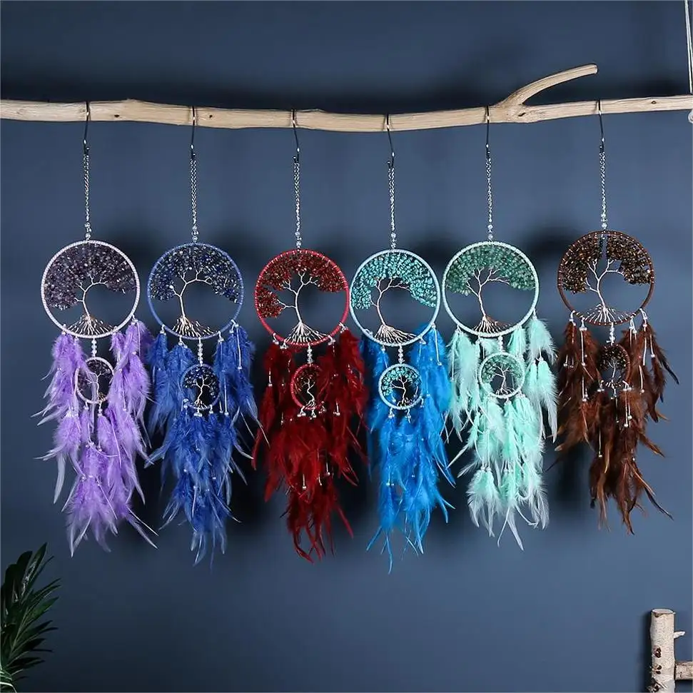 Tree of Life Crystal Dreamcatcher Amethyst Feather Wall Hanging Natural Stone Handmade Dream Catcher Bedroom Home Decor