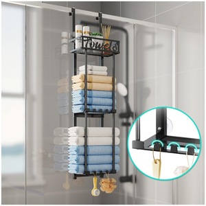 Toallero para colgar sobre la puerta de 3 niveles, negro, organizador multiusos para baño con ganchos y estante - Product Image 4
