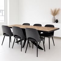Table à manger pliante en bois de manguier massif à chevrons |   Base ovale industrielle en métal noir |   Meubles de salle à manger modernes faits à la main avec finition laquée