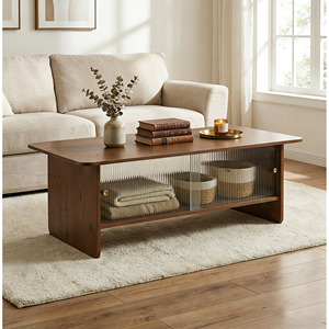 Modern Minimalist Coffee <b>Table</b> 47 Inch Rectangular With Storage Cabinet Glass Sliding Doors Living Room Furniture - Product Image 4