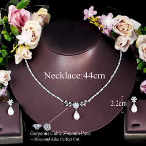 Прозрачный белый CZ камень цветок Пакистана, свадебные украшения, лист с болтающимися частями, для свадебной вечеринки, ожерелье и серьги с жемчугом, ювелирные наборы для женщин - Product Image 5