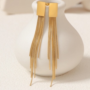 Vintage Stainless Steel Plated Real Gold Tassel Drop <b>Earrings</b> Factory's Trendy <b>Long</b> Metal Rope Chain with Waterproof Studs - Product Image 2