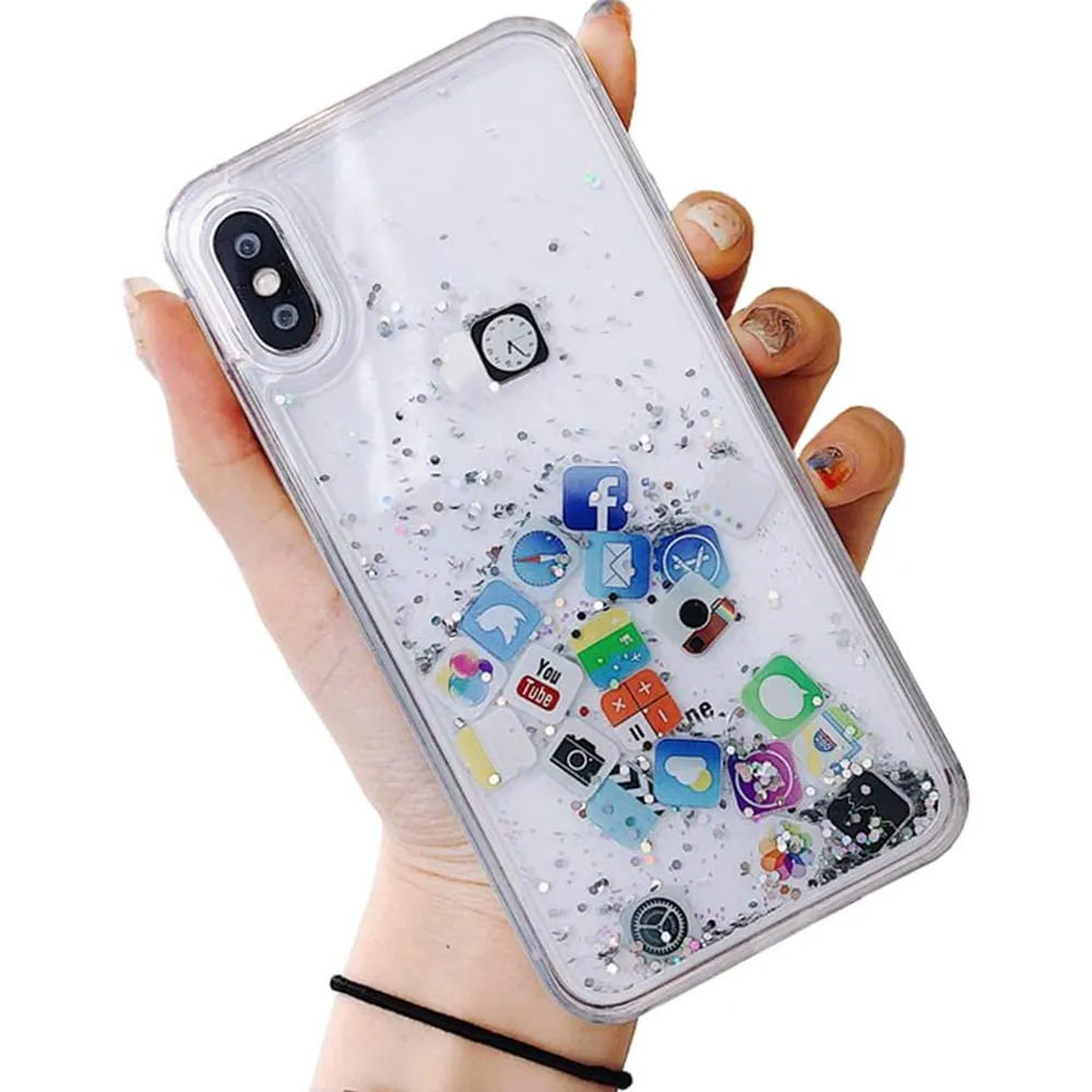 Liquid Glitter Case Compatible with for iPhone 13 14 15 case Hard Back Colorful Bling Quicksand with iOS icon Apple APP Shine