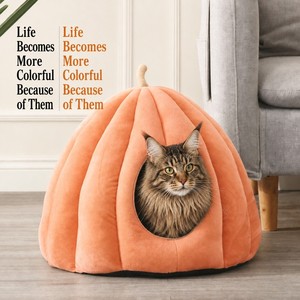 Lit-caverne pour <span class=keywords><strong>chat</strong></span> en velours côtelé floral, design fermé à capuche, garnissage en <span class=keywords><strong>mousse</strong></span> à mémoire de forme, dessus motif feuille verte, amovible et lavable, pour chats - Product Image 4