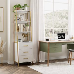 Living Room Entryway Office <strong>White</strong> Gold 3 Wooden Drawers Modern Ladder Book Shelf Storage Organizer Bookshelf <strong>Tall</strong> <strong>Bookcase</strong> - Product Image 2
