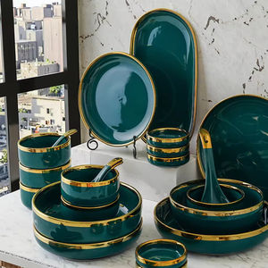Ensemble de vaisselle en céramique vert marbré à bords dorés, bol et assiette, collection très prisée, vaisselle chinoise durable, idéal comme cadeau - Product Image 2