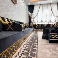 Ensemble Canapé Arabe Royal Sur Mesure Noir et Or, Design de Mobilier de Sol Majlis, Canapés Arabes de Luxe