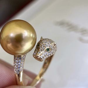 Bague Kajia Tête de Léopard en Argent 925 avec Incrustation de Zircon Exquis et Perle d'Or Naturelle 13-12mm, Motif Géométrique Basique en Or Épais, Taille Turquoise - Product Image 4