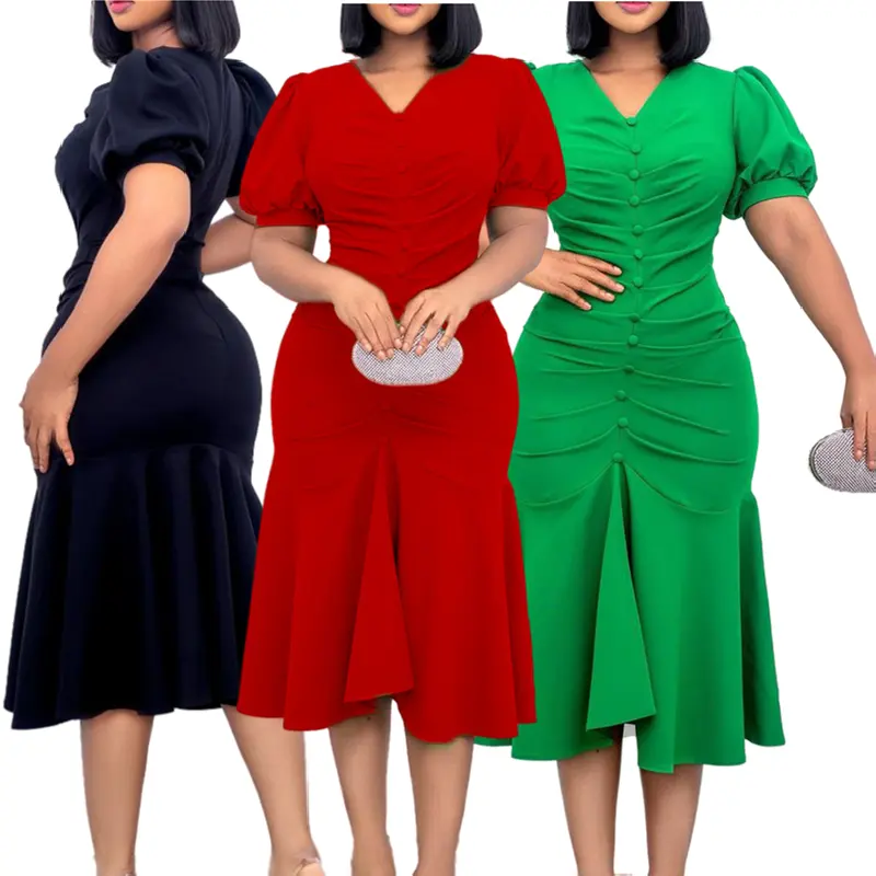 2022 Vestidos Women Dresses Latest Design Botton V Neck Mermaid Ladies Office Dress Short Sleeve Summer Career Dresses