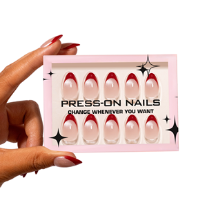 Ongles <span class=keywords><strong>en</strong></span> acrylique de haute qualité de forme <span class=keywords><strong>amande</strong></span> œil-de-chat, couleur rouge style français, à presser, couvrance totale, avec colle, lingette et lime - Product Image 4