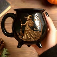 Mug à boisson chaude créatif en grès, motif dessin animé, avec couvercle, motif chaudron de sorcière, pour Halloween, compatible micro-ondes et lave-vaisselle, avec fonction de conservation de la chaleur