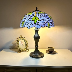 LongHuiJing 16Inch Wisteria Stained Glass Dome Table Lamp Flexible Eco-Friendly AC Blue Purple Shade Simple Design for Living - Product Image 1