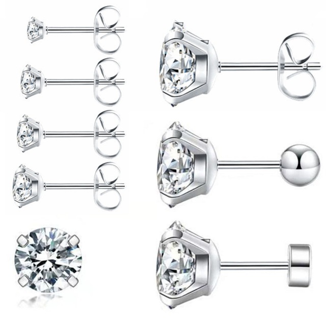 EH548 Cubic Zirconia Flat Back Stud Earrings - Stainless Steel 2mm to 8mm Sizes Available in Steel Gold Rose Gold