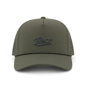 Wholesale Custom Logo <b>Waterproof</b> Golf Cap Laser Perforated Sports <b>Hat</b> Olive Green 5 Panel Rope <b>Hat</b> with 3D Silicone Patch - Product Image 1