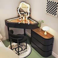 Nouvelle table de maquillage d'angle triangulaire moderne en bois massif et verre avec tiroirs intégrés, éclairée, pour chambre à coucher