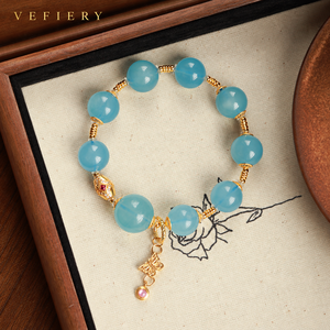 Natural Aquamarine <b>Blue</b> Round Beaded Stretch <b>Bracelet</b> with Decorative Charm for Women Custom Jewelry Wholesale - Product Image 4