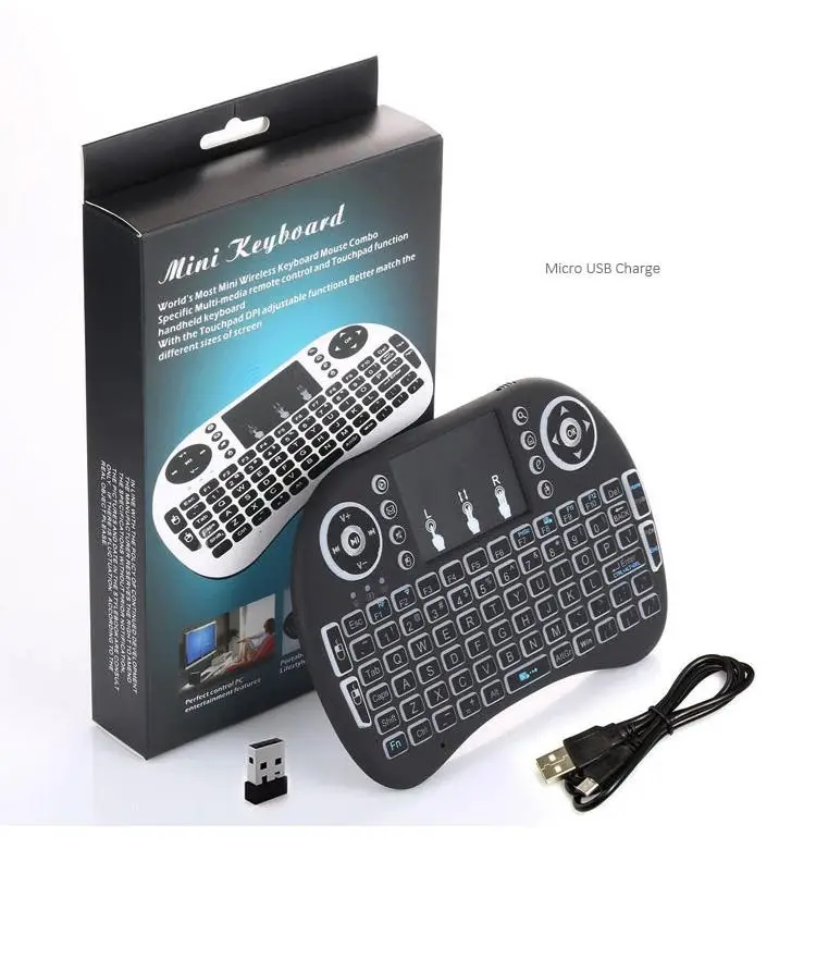 I8 ricaricabile Mini tastiera 7 colori retroilluminati 2.4G Wireless aria Mouse russo tastiera intelligente telecomando per TV Android Box