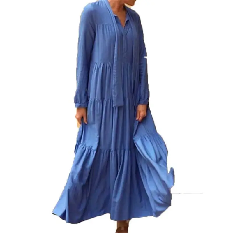 सनी Boho 3XL कफ्तान अंगरखा व्याकुल मैक्सी पोशाक आकस्मिक लंबी आस्तीन Pleated Vestidos महिला V गर्दन फीता-अप पोशाक बागे